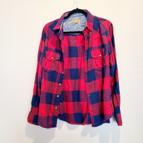 Jachs Girlfriend Flannel Top Sz L‎ Paisley Denim Pearly Snap w/ Roll Sleeve Snap - Picture 1 of 8